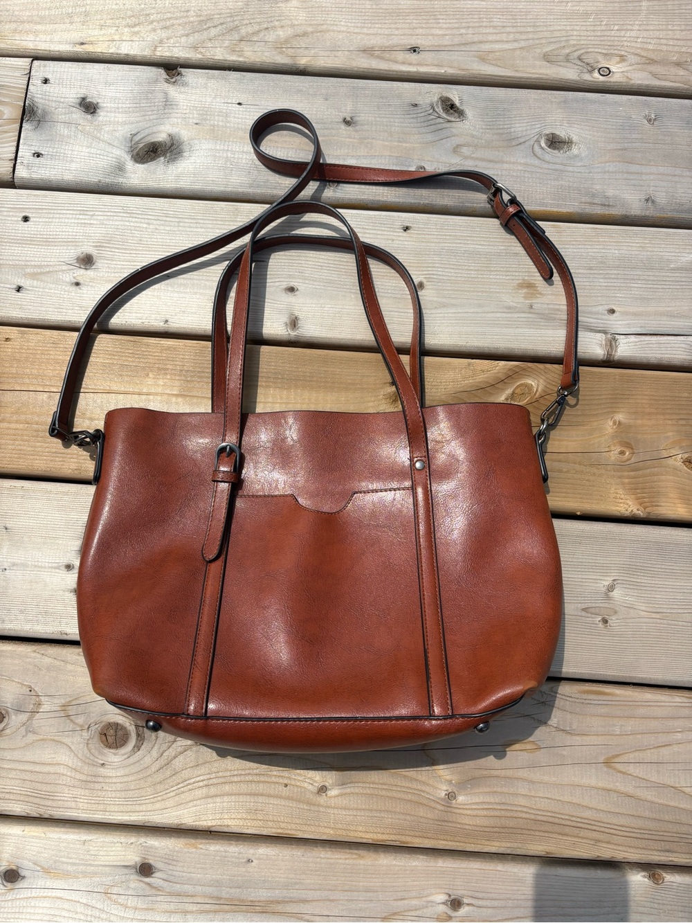 Leather-look Tote Bag in Cognac Brown - Adjustable Strap